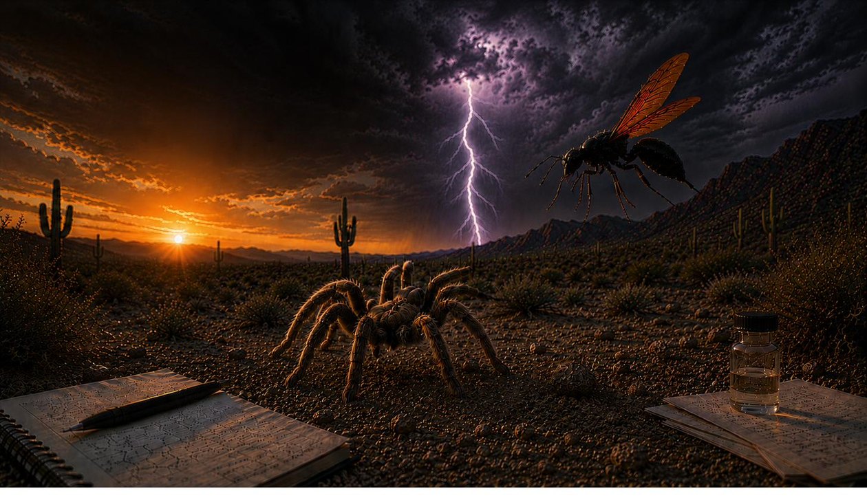A tarantula hawk wasp closing on a tarantula on the desert floor at sunset, with a
                monsoon lightning strike behind them, a field notebook, and a sample vial.