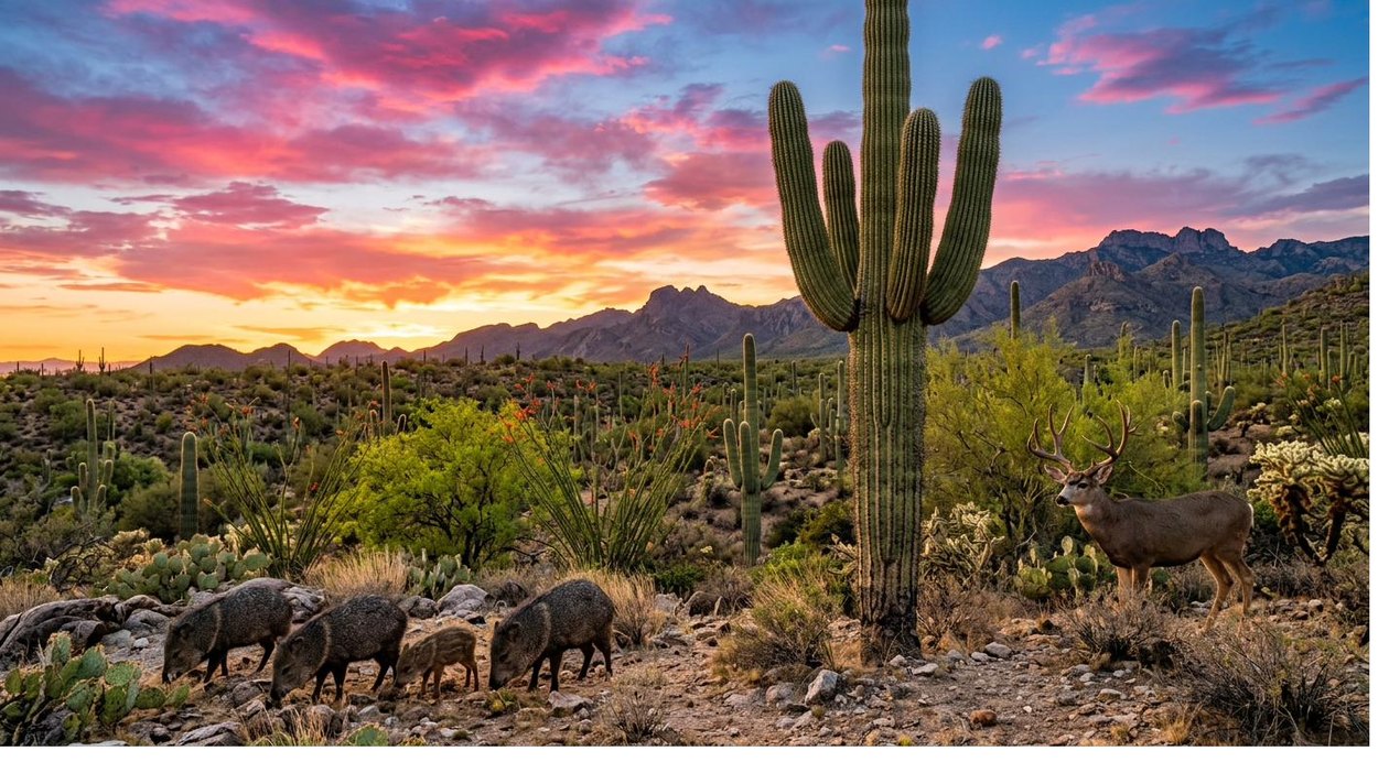 The Sonoran Desert at dusk: saguaro, ocotillo, and creosote across a rocky
                bajada, the T-Hawk collection range.